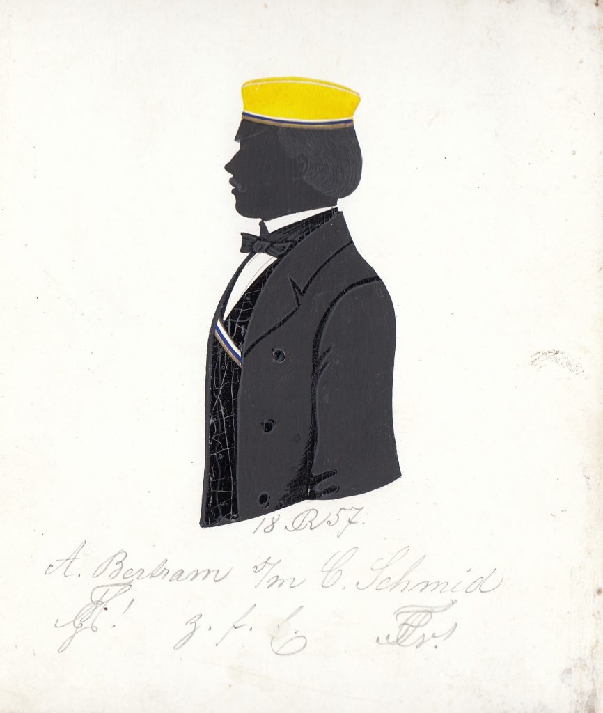 Ernst August Ferdinand Franz Bertram wurde 1836 als Sohn des Weinhändlers Franz Bertram und dessen Frau Katharine Margarethe geb. Kalb in Wiesbaden geboren und katholisch getauft. Nach dem Abitur immatrikulierte sich Bertram zunächst am 27. April 1854 als stud. iur. in Heidelberg. Zwischenzeitlich wechselte er an die Universität Bonn, wo er 1856 bei Markomannia recipiert wurde. In den Bonner Verzeichnissen des Personals und der Studierenden taucht er allerdings komischerweise nicht auf. Bertram kehrte nach Heidelberg zurück und immatrikulierte sich erneut am 4. Dezember 1856 als stud. iur. Nach dem Studium wurde er Staatsanwalt und heiratete Auguste Wilhelmine Sophie Stutz. Zuletzt war er als königlich erster Staatsanwalt in Marburg tätig, wo er verwittwet am 12. Oktober 1888 starb. Die Silhouette ist datiert "18[R]57" und gewidmet "A. Bertram [Z!] s/m C. Schmid [Z!] z. f. E." Archiv Corps Franconia Tübingen, Silhouettenalbum des Karl Schmidt